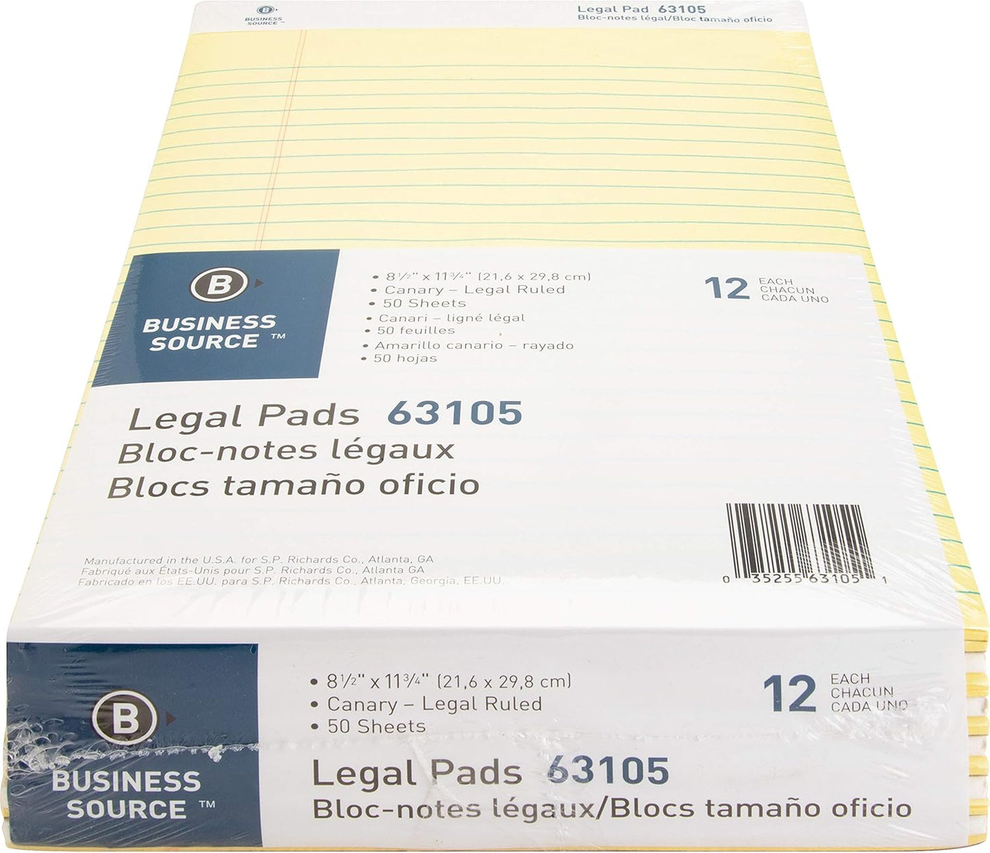 Business Source Micro-Perforated Legal Ruled Pads, Canary Paper, 8-1/2"x11-3/4" (63105) - Pack of 12