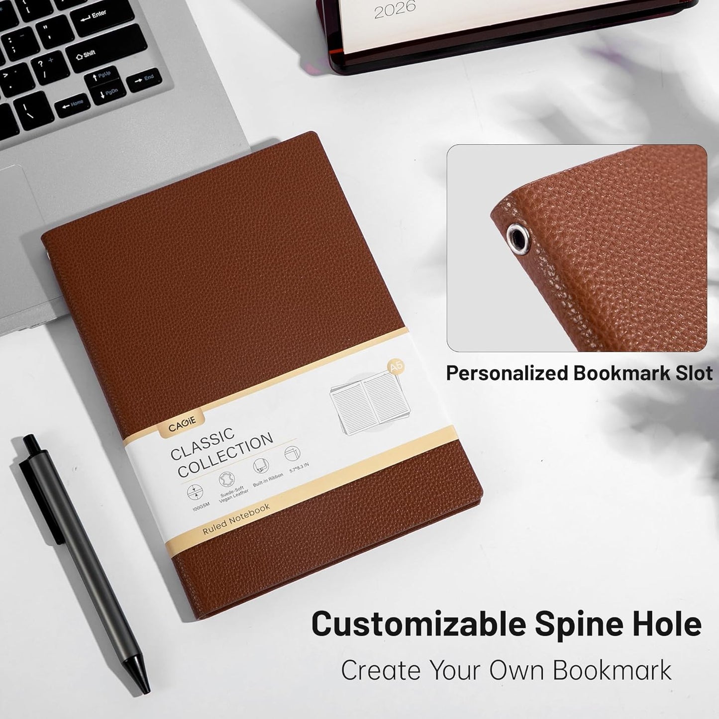 CAGIE Lined Journal Notebook for Men & Women,176 Pages A5 Medium Size, Softcover Leather Journals for Writing, College Ruled Notebook for Work & School, 100 GSM Thick Paper (5.7'' x 8.3'') (Burgundy)