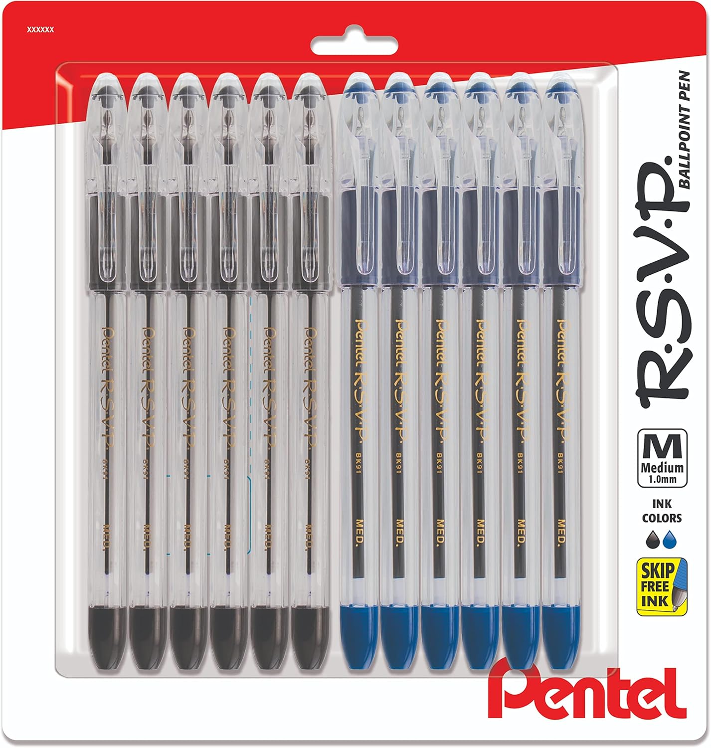 Pentel RSVP Medium Point Pens - 1.0mm - 12 Pack of 6 Black & 6 Blue Ballpoint Pens