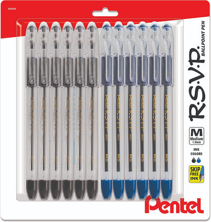 Pentel RSVP Medium Point Pens - 1.0mm - 12 Pack of 6 Black & 6 Blue Ballpoint Pens