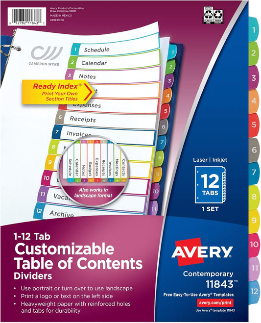 Avery Dividers for 3 Ring Binders, 12 Tabs per Set, Customizable Table of Contents, Multicolor Arched Tabs, Great for Organizing Reports, Projects, and More (11843)