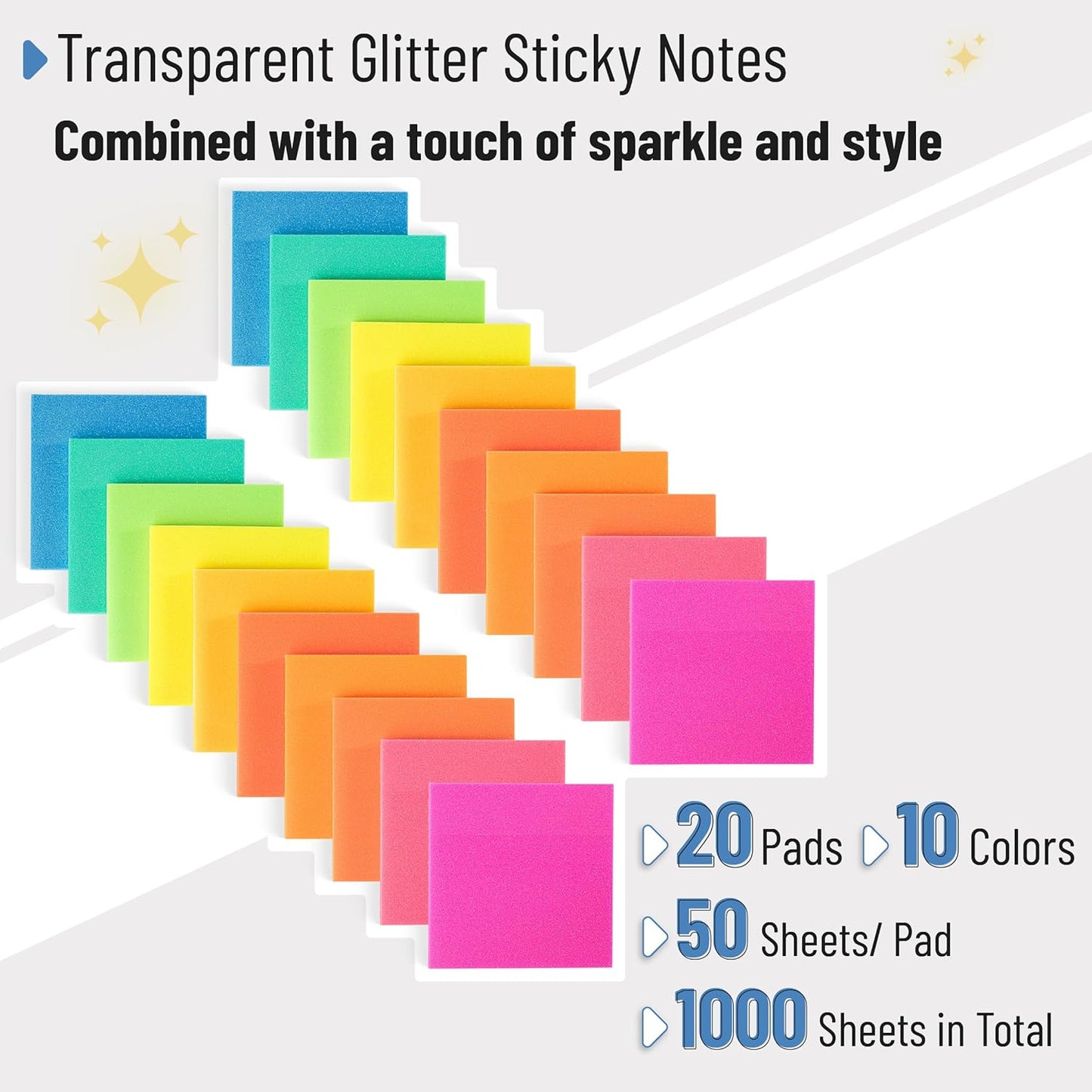 Mr. Pen- Transparent Glitter Sticky Notes, 3”x3”, 12 Pads, 600 Sheets, Colorful, Plastic Glitter Sticky Notes Bulk, Self-Stick Note Pads for Women, Office, School, Home, Study & Organization