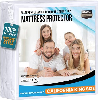 Twin Size Mattress Protector Waterproof, Premium 200 GSM Terry Mattress Cover, Soft & Breathable Bed Cover, Fitted Sheet Style Stretchable Deep Pockets 15" by Utopia Bedding (White)