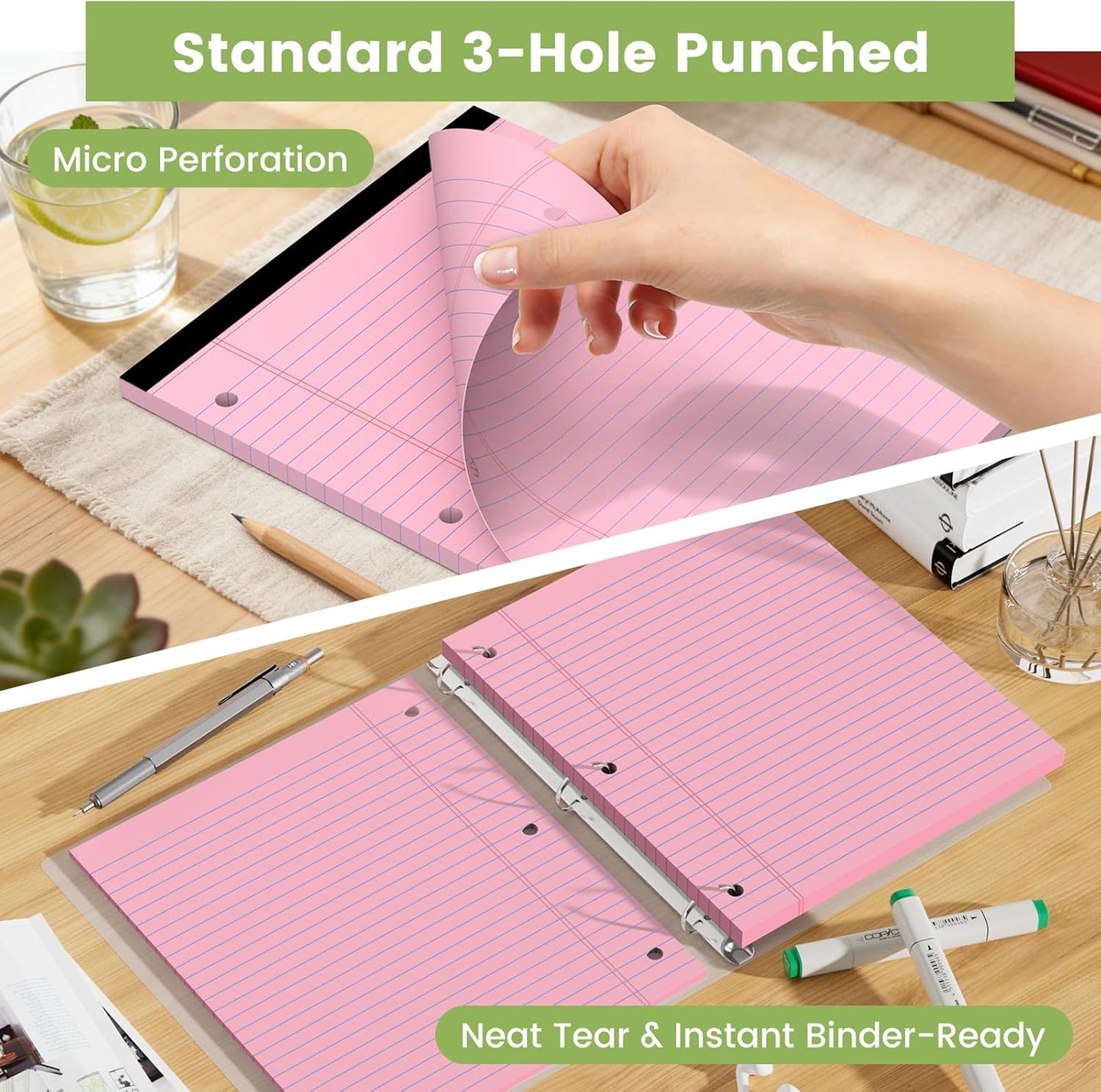 Legal Pads 8.5x11, White Notepads 8.5x11, Wide Ruled Lined with 3 Hole Punch, Loose Leaf Notebook Paper for 3 Ring Binders, 3 Pack, 30 Sheets/Pack, Perforate for School, Office, Home