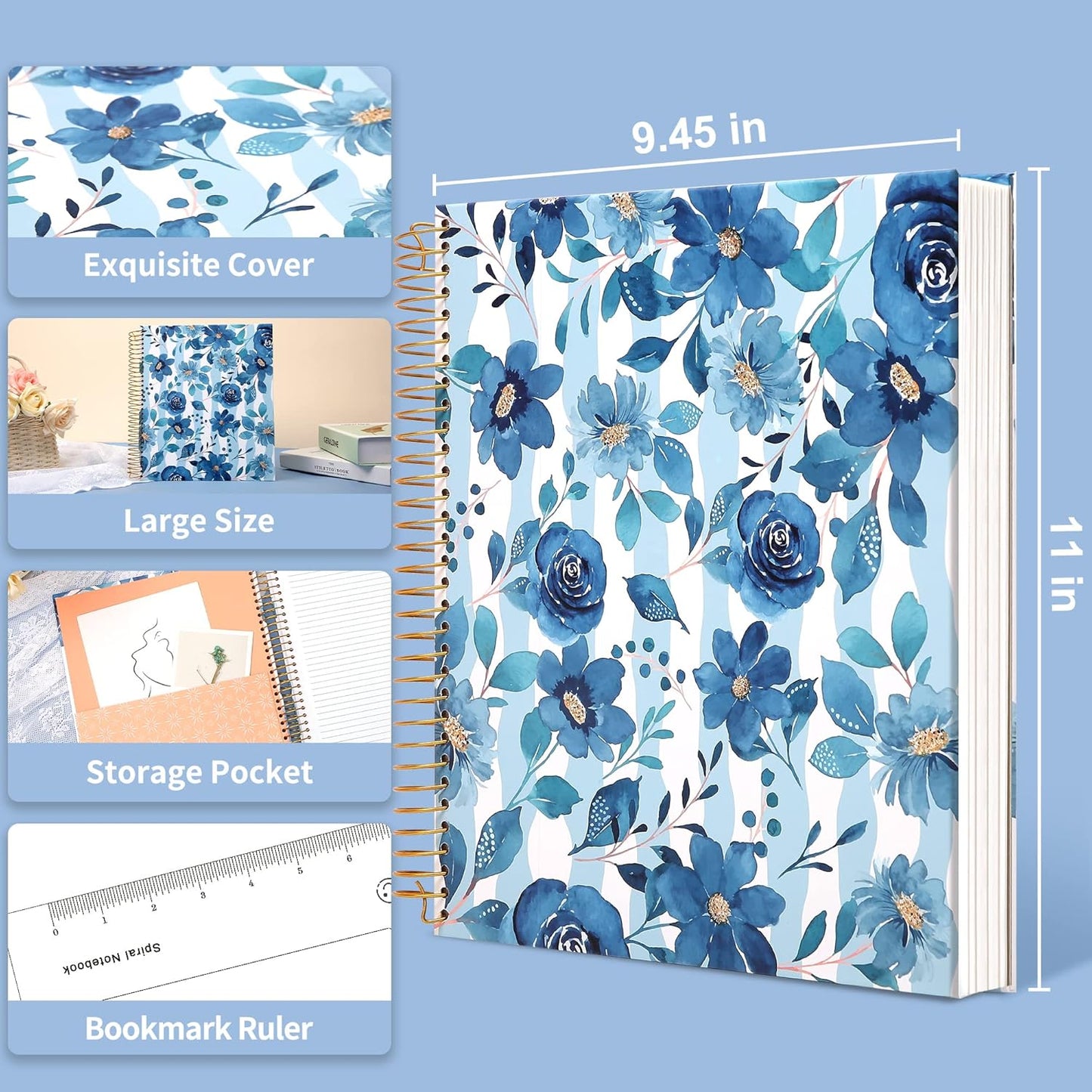 CAGIE Spiral Notebook Journal 8.5 x 11 Hardcover Notebooks College Ruled with Large Pockets Aesthetic Floral Note Book Spiral Bound Notebooks for Work Note Taking Women Writing School, 200 Pages