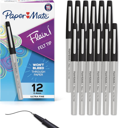 Paper Mate Flair Felt Tip Pens, Ultra Fine Point (0.4mm), Black Ink, 12 Count - Office Supplies, No Bleed, For Precise and Expressive Writing