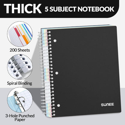 SUNEE 5 Subject Graph Paper Notebook - 400 Pages, 9"x11", 4x4 Graph Ruled Notebook, 5 Pocket Colored Dividers, 3-Hole Punched Paper, Black