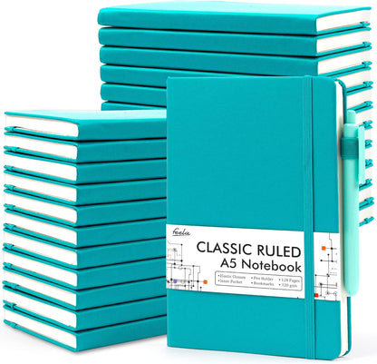 feela College Ruled Notebooks, 24 Pack Business Notebook Hardcover Lined Writing Journal with Pen Holder for Men Women Note Taking, with 24 Black Pens, 120 GSM, 5.1”x8.3”, A5, White