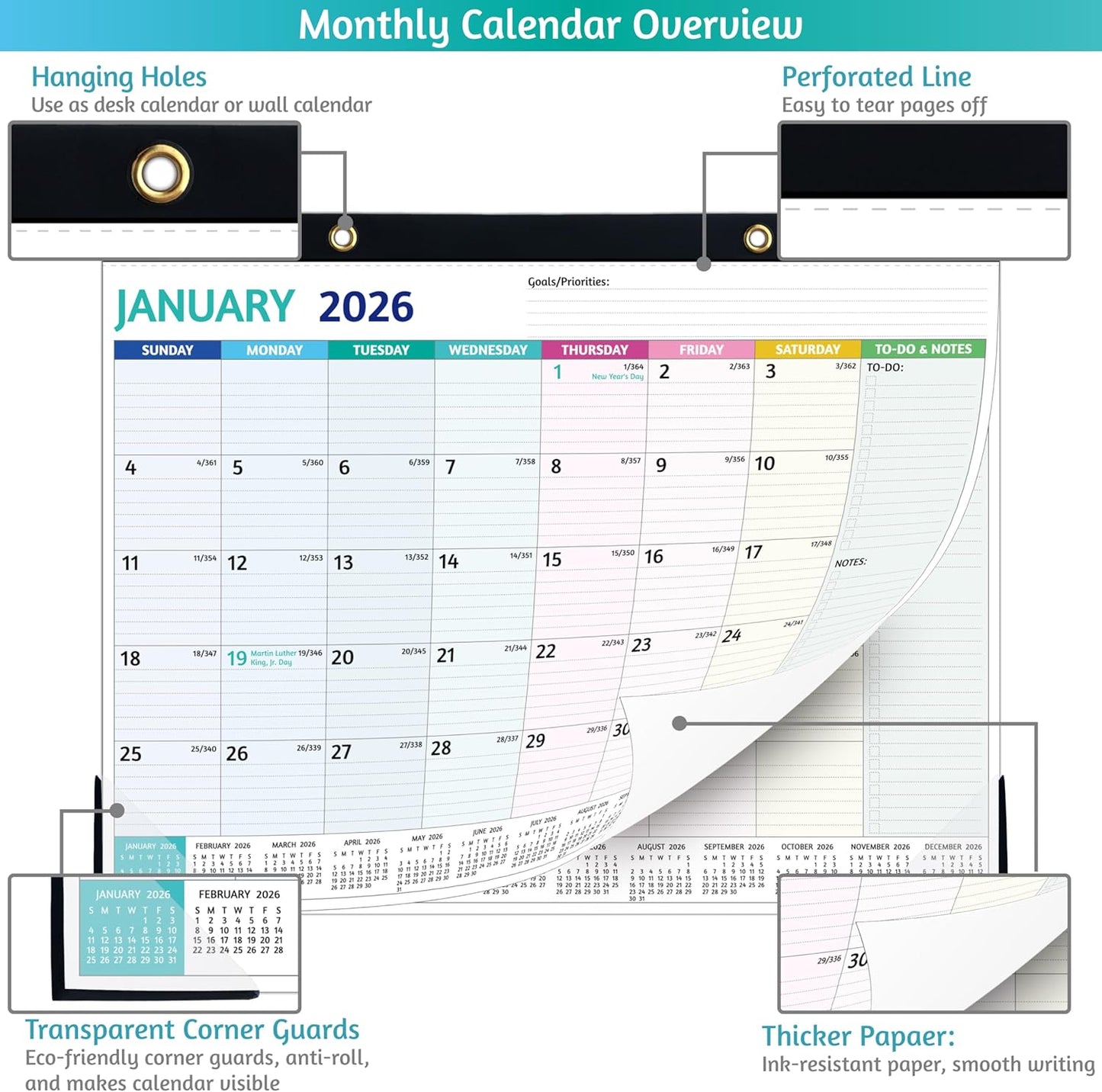 2026-2027 Desk Calendar – Run Now to MAR. 2027, 18 Monthly Desk Calendar 2026-2027 Large, 17'' x 12'', Best Desk/Wall Calendar 2026 with To-do Lists, Desk Pad, Ruled Blocks, Corner Protectors