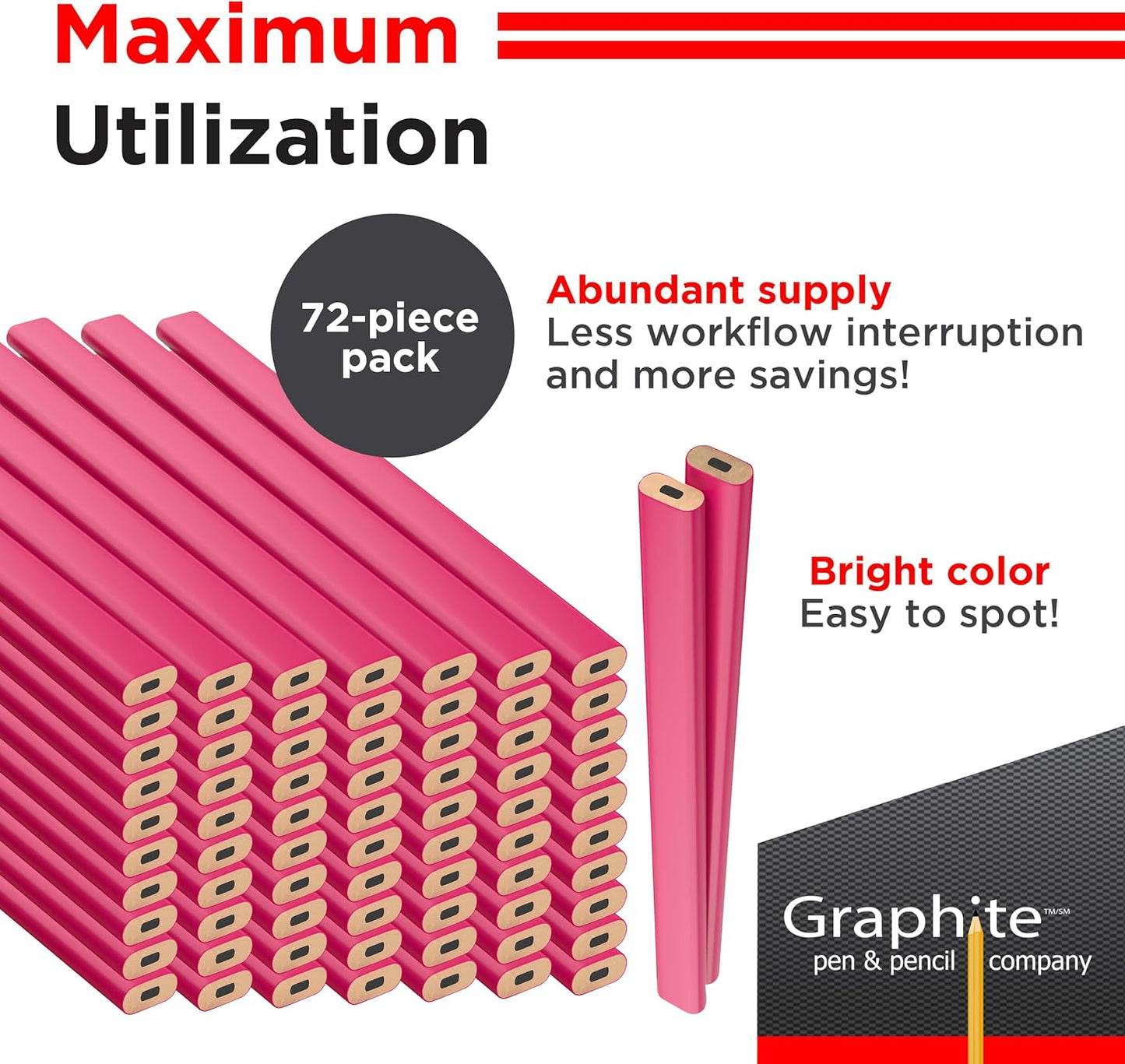 GRAPHITE Hard Lead Carpenter Pencils Bulk - (1) Pack of 12 Pieces Lumber Wooden Pencil #2 (HB) - Red