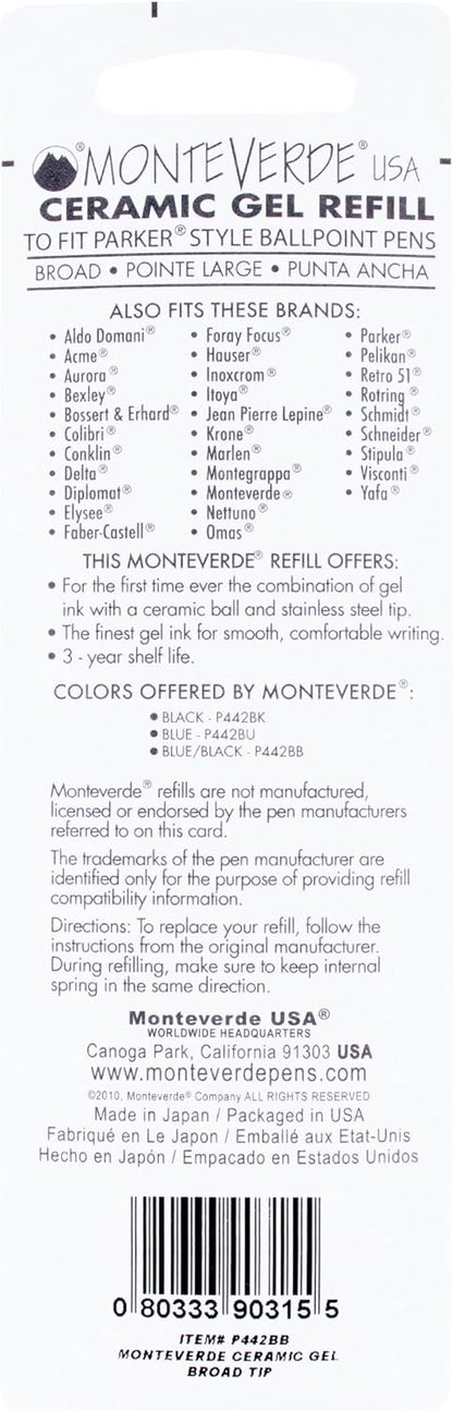 Monteverde USA Capless Ceramic Gel Refills to Fit Parker Pens, Broad Point, Blue Ink, 2-Pack – Smooth and Vibrant Writing Solution