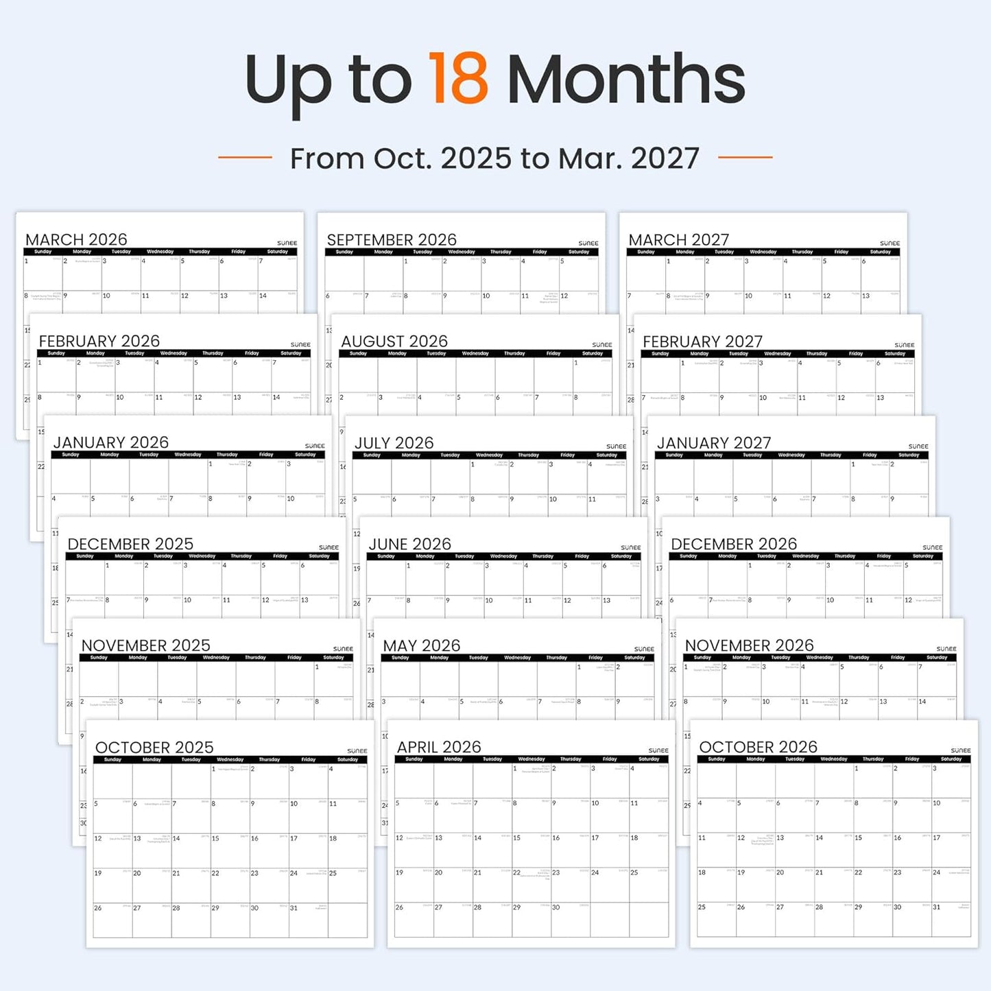 SUNEE Wall Calendar 2026 21 Months Apr. 2026 - Dec. 2027, 14.5"x11.5" Big Grid Hanging Calendar with Note for Organizing & Planning, Monthly Calendar 2026-2027 with Last Month and Next Month, White