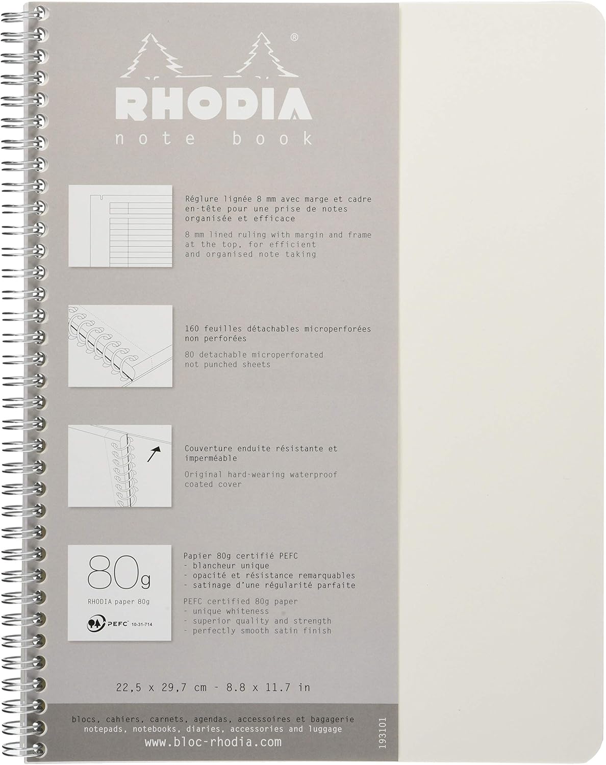Rhodia 193101C - Spiral Notebook (Full Bound) White Notebook - A4+ - Ruled - 160 Detachable Pages - Clairefontaine Paper 80 g/m - Soft and Resistant Coated Card Cover - Classic