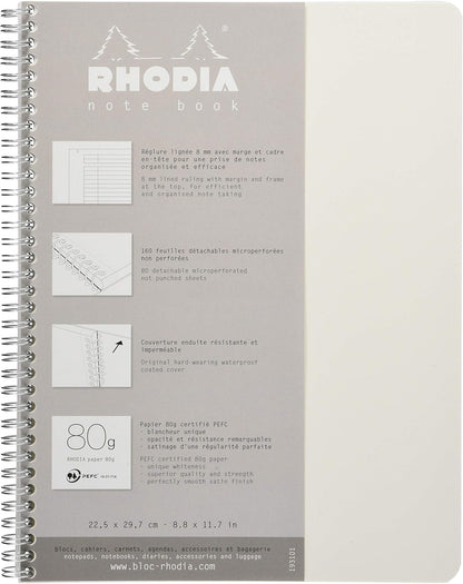 Rhodia 193101C - Spiral Notebook (Full Bound) White Notebook - A4+ - Ruled - 160 Detachable Pages - Clairefontaine Paper 80 g/m - Soft and Resistant Coated Card Cover - Classic