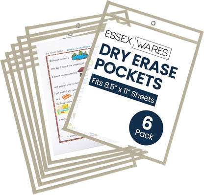 Essex Wares - 6 Pack, Assorted, Dry Erase Pocket Document Protectors, 10" Wide x 13.5" Tall- Dry Erase Clear Plastic Sleeves - Reusable & Easy Erase Plastic Invoice Holders, Water-Resistant & Durable