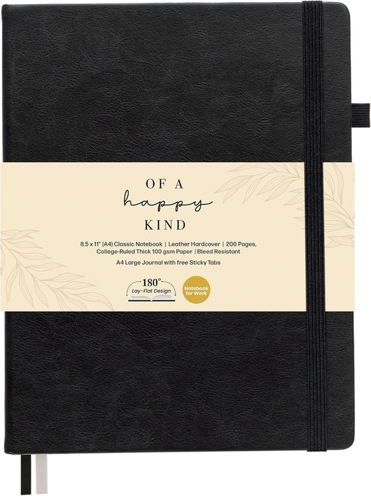 Classic Lined Journal Notebook 8.5x11" A4 Hardcover Leather - Brown - 200 Pages College Ruled Large with Sticky Tabs, Pockets, and Pen Loop for Writing and Journaling - Big Hardback Men and Women