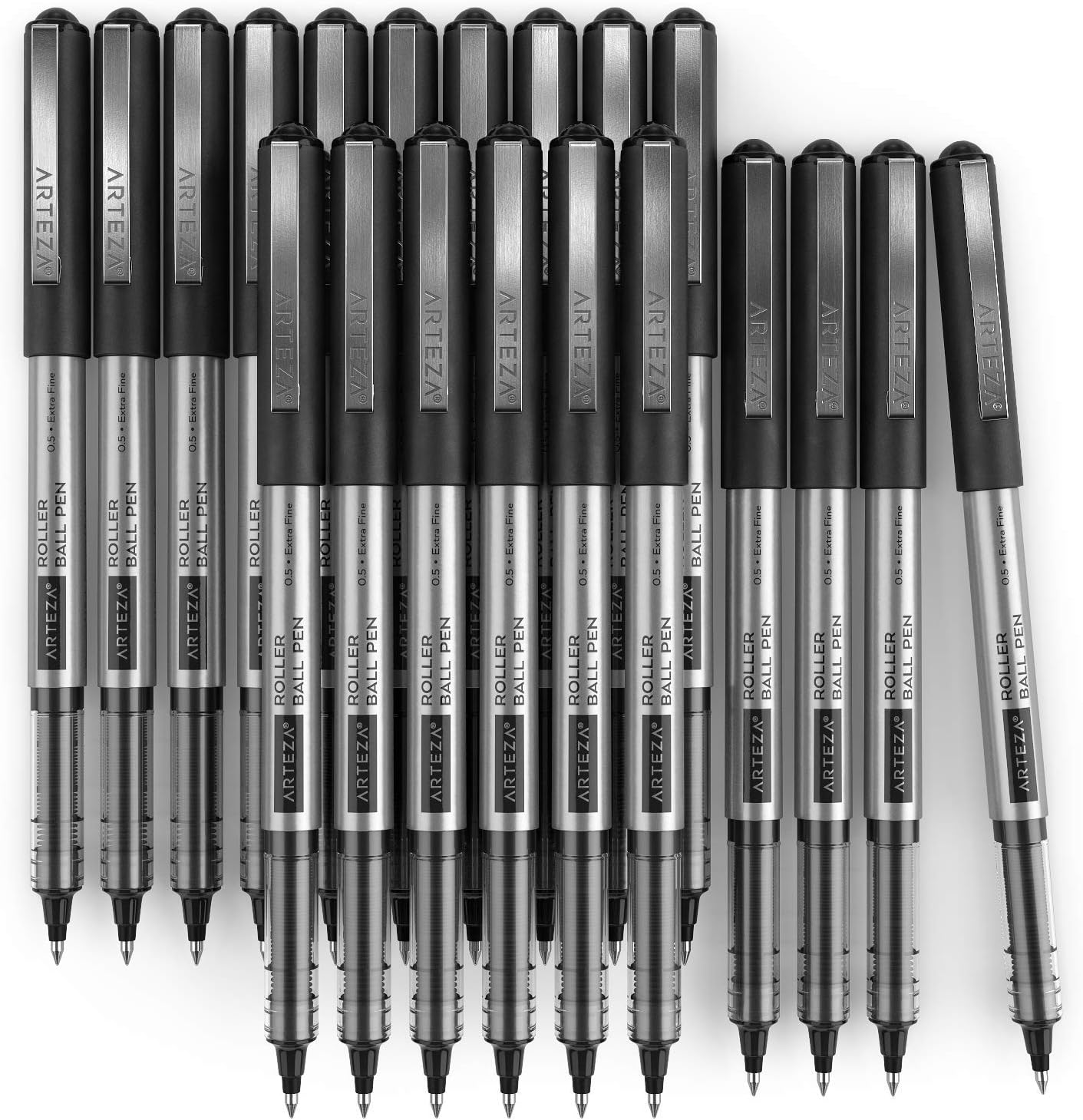 ARTEZA Rollerball Pens, 20 Pack Black Roller Ball Pens, 0.5 mm Needle Point Extra Fine Tip, Quick-Dry Fade-Resistant Liquid Ink for Note-Taking, Bullet Journals, Planners, and Office Use