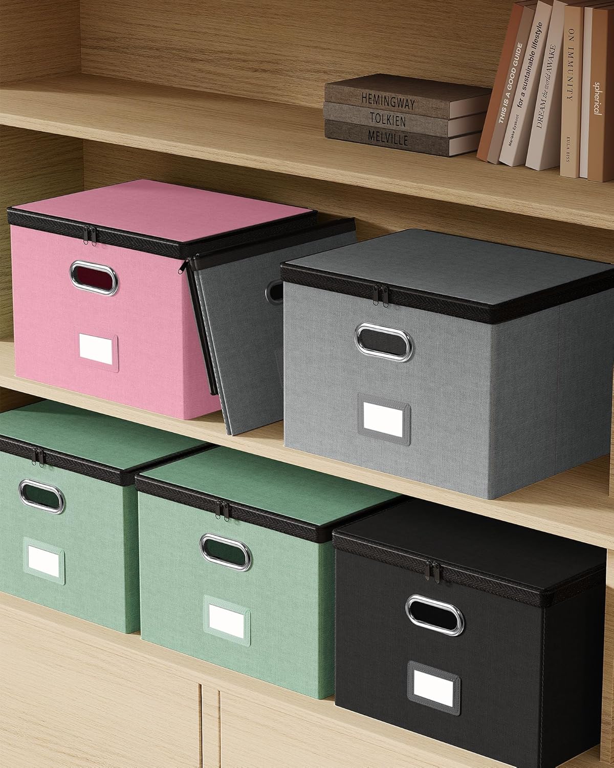 Oterri 2 Pack File Organizer Boxes with Lids, File Box with Mesh Pockets, Document Organizer Box for File Folders Letter Size, Zippers Filing Box for Home, Office, School (Green, Without Folders)