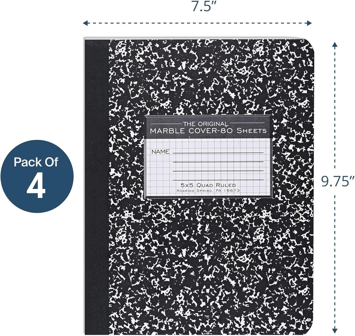 ROARING SPRING Hard Cover Composition Notebook, 4 Pack, Blue Marble Comp Book, 9.75″ x 7.5″, Unruled Blank Paper, 100 Sheets (200 Pages), Made in USA
