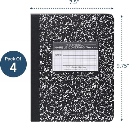ROARING SPRING Hard Cover Composition Notebook, 4 Pack, Blue Marble Comp Book, 9.75″ x 7.5″, Unruled Blank Paper, 100 Sheets (200 Pages), Made in USA