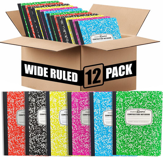 PARTH iMPEX 12 Pack Bulk Composition Notebooks Wide Ruled, 200 Pages (100 Sheets), 9-3/4 x 7-1/2, Hard Cover Wide Ruled Notebooks in 6 Assorted Colors, Composition Notebook For School College Office