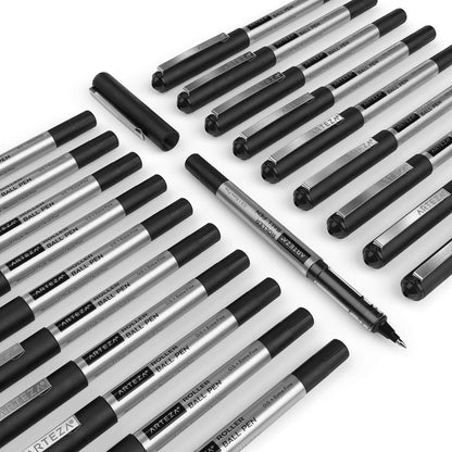 ARTEZA Rollerball Pens, 20 Pack Black Roller Ball Pens, 0.5 mm Needle Point Extra Fine Tip, Quick-Dry Fade-Resistant Liquid Ink for Note-Taking, Bullet Journals, Planners, and Office Use