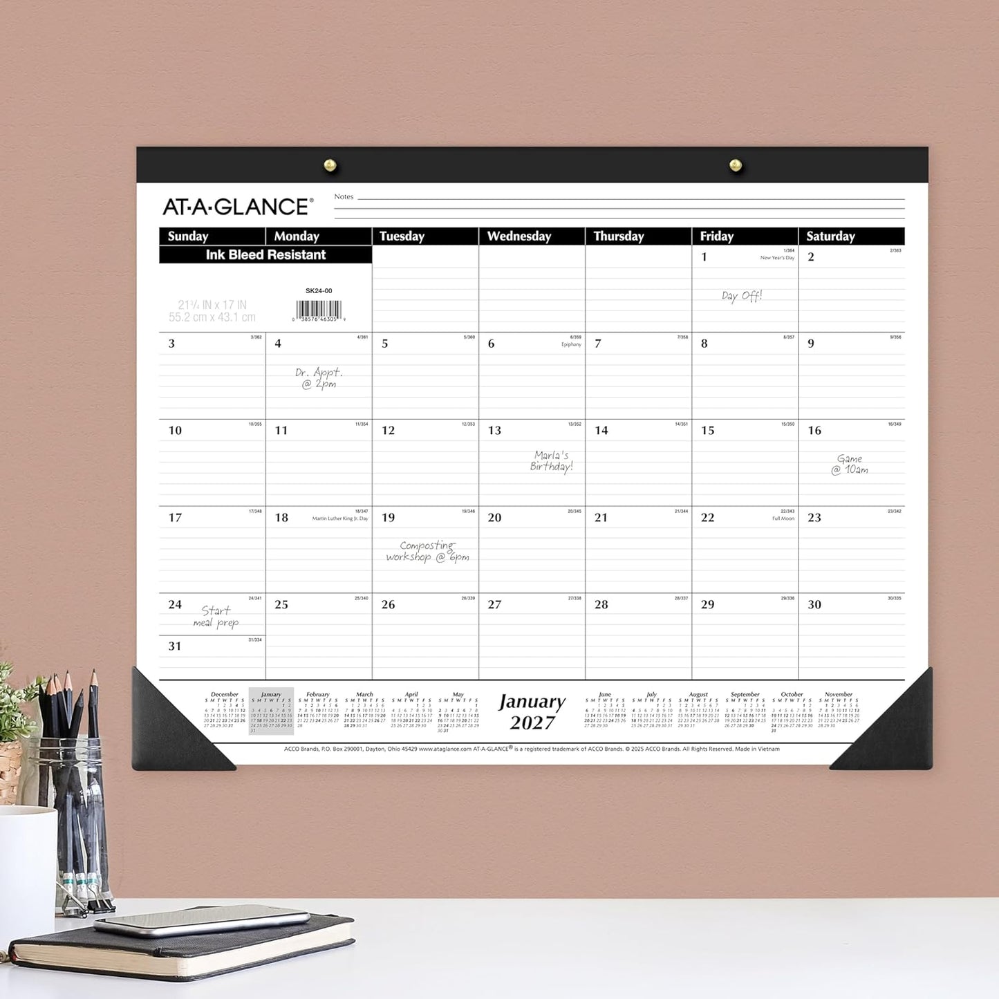 AT-A-GLANCE 2026 Desk Calendar, Desk Pad, Monthly, 21-3/4" x 17", Large, Ruled Blocks, 3 Pack (AZSK240026), White