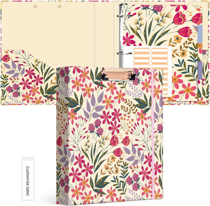 Ospelelf Binder 3 Ring 1 Inch, Floral Round Ring Clipboard Binder for Letter Size with 5 Tab Dividers, File Folder Labels, for School and Office Supplies