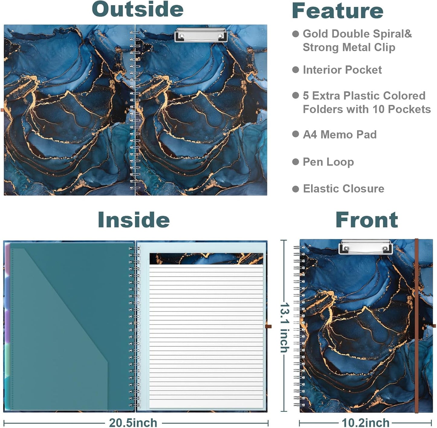 Hongri Clipboard Folio with Refillable Lined Notepad, 8.5 x 11 Folders with Storage 10 Pockets, Spiral Portfolio, Size 12.8X 9.7 in, Office & School Supplies, Skeleton