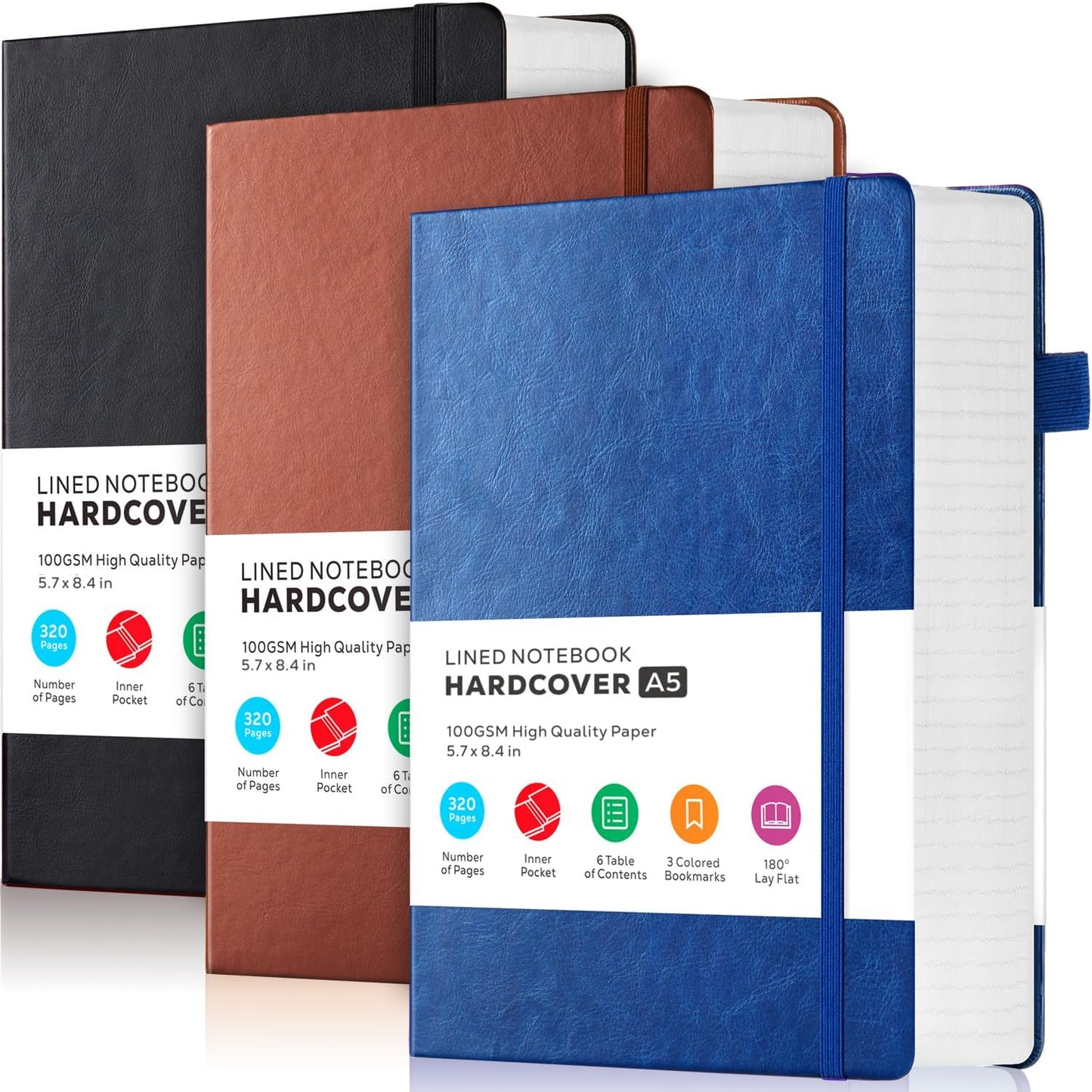 Hardcover Lined Notebook Journal for Writing, 320 Pages Leather Thick College Ruled Notebook Journal with 100GSM Paper, A5 (5.7'' X 8.4'') Daily Journal for Women Men Work Organization, Black