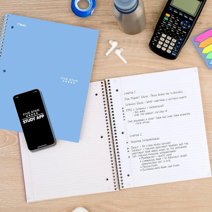 Five Star Spiral Notebook + Study App, 3 Subject, College Ruled Paper, 8-1/2" x 11", 150 Sheets, Fights Ink Bleed, Water Resistant Cover, Amethyst Purple (38746)