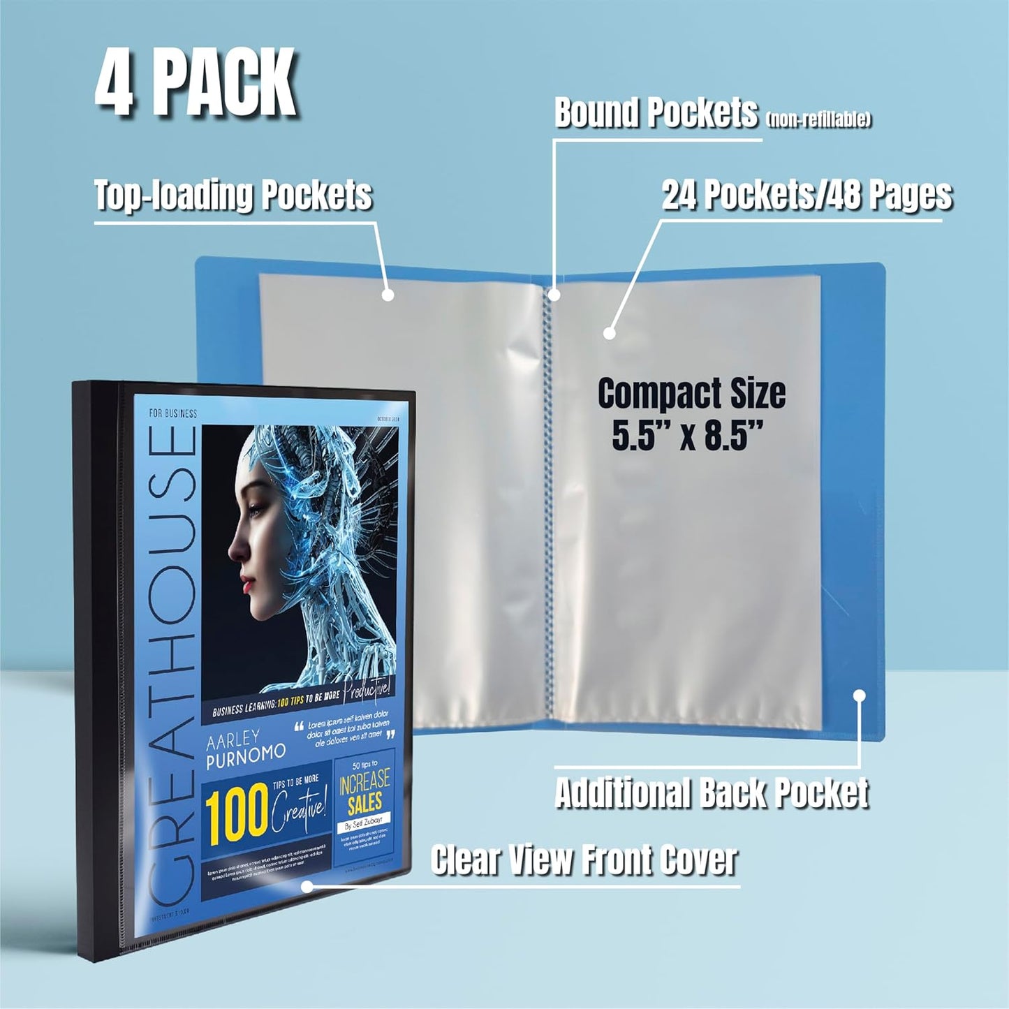 Mini Presentation Book, 5.5" x 8.5" (Half Page), 24 Pockets/48 Pages, 4 Pack, Small Poly Booklets with Clear Sleeves, 2 Black + 2 Blue with Clear View Front Pocket