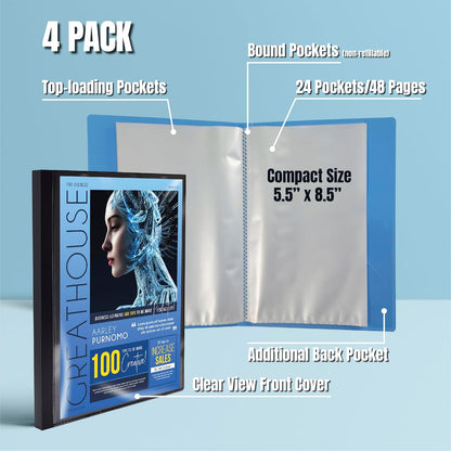Mini Presentation Book, 5.5" x 8.5" (Half Page), 24 Pockets/48 Pages, 4 Pack, Small Poly Booklets with Clear Sleeves, 2 Black + 2 Blue with Clear View Front Pocket