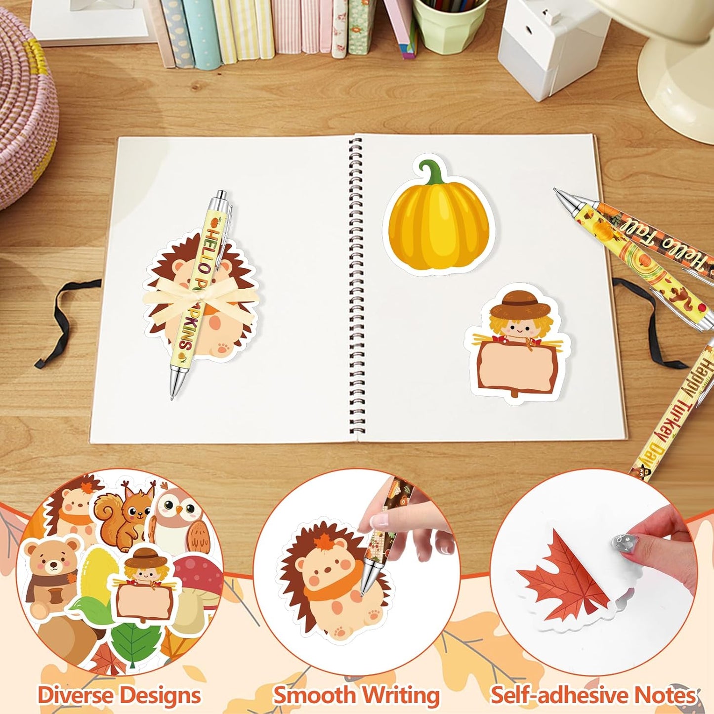 28 Sets Easter Sticky Notes Pads and Pens Set Corn Pumpkin Maple Leaf Acorn Shaped Notepads Harvest Memo Pads Self-Stick Notes Pads for School Office Supplies Fall Party Classroom Gifts