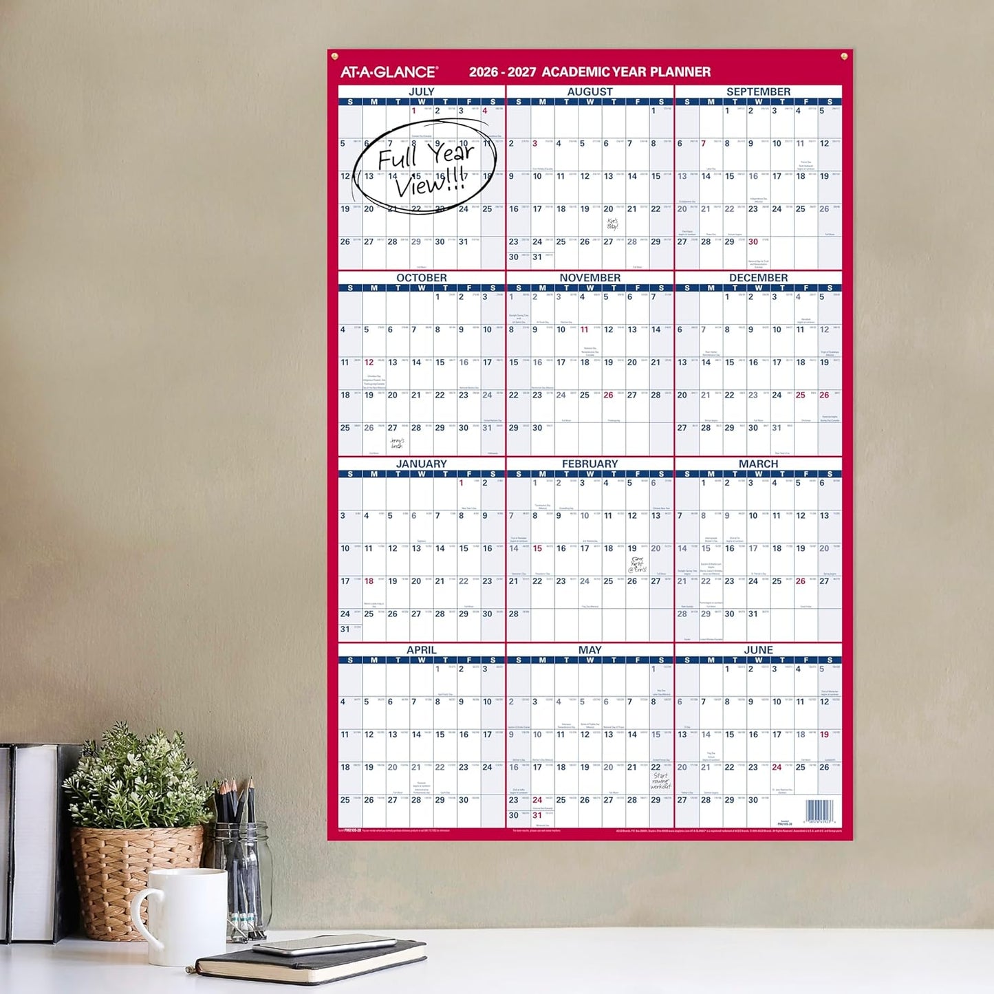 AT-A-GLANCE Dry Erase Calendar 2026-2027 Academic & Regular Year Wall Planner, 12-Month, 24" x 36", Double Sided, Vertical (PM210S28)