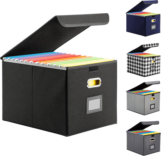 Hleelomi Collapsible File Box with Lid & Plastic Slide - Hanging Document Organizer for Office/Home, 14.96x12.6x10.83 Inch,Decorative Home File Bin,Black, 1 Pack (No Folders Included)