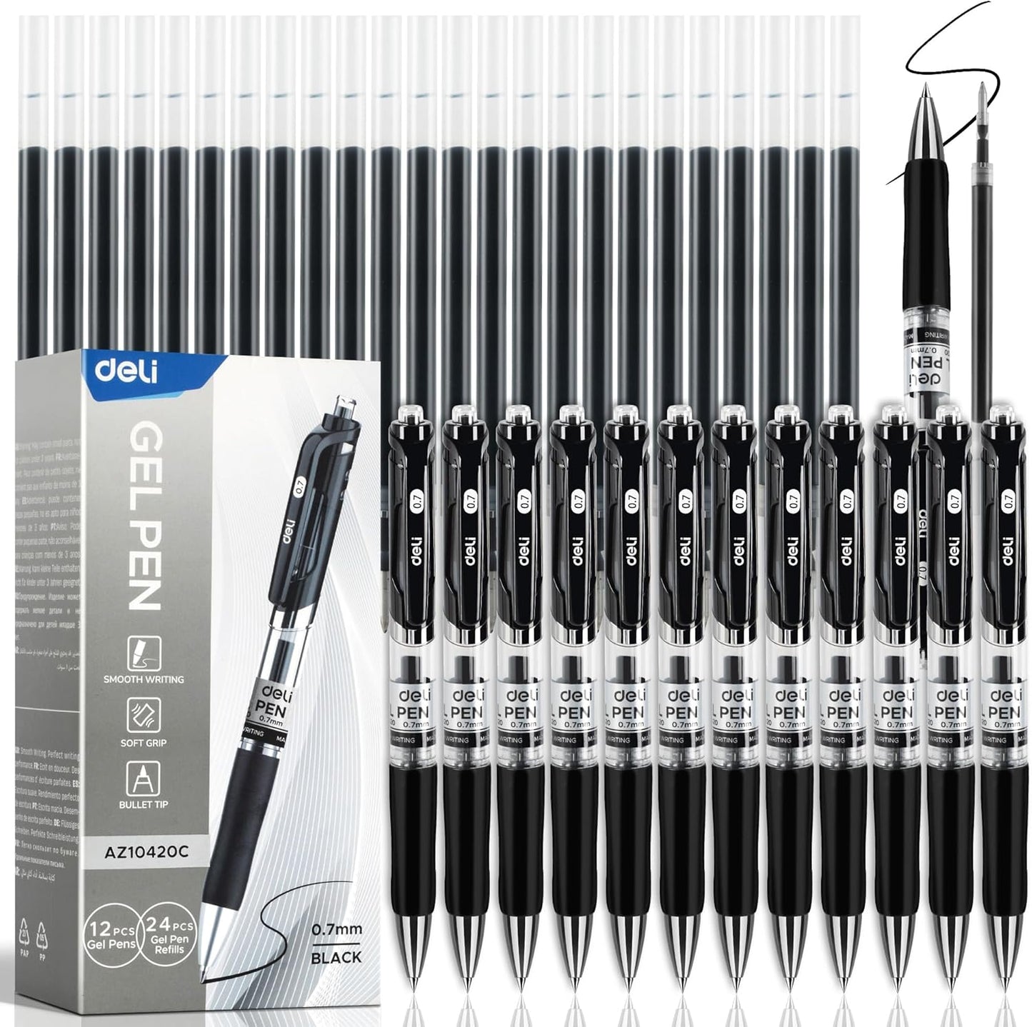 deli Gel Pens, 50 Pcs Retractable Pens Black Ink, Medium Point Pen 0.7mm, Smooth Writing, Fast Dry, No Bleed for Journaling Note Taking, Home School Office Supplies