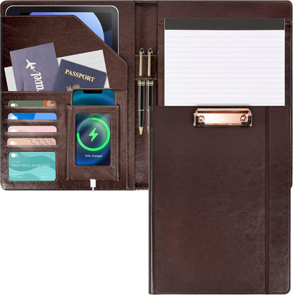 Clipboard Folio Folder Portfolio with Notepad-Pocket Business Card Holder Brown Faux PU Leather Portfolio