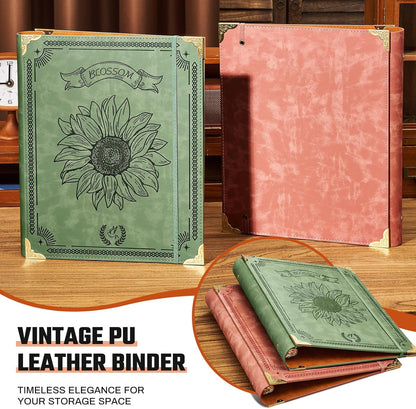 Ovesmusl Leather 3 Ring Binder Fits 8.5"x11" Letter Size Paper, 1 Inch Round Ring Binder Holds 200 Sheets, Notebook Cover Loose Leaf Organizer, Green Tree