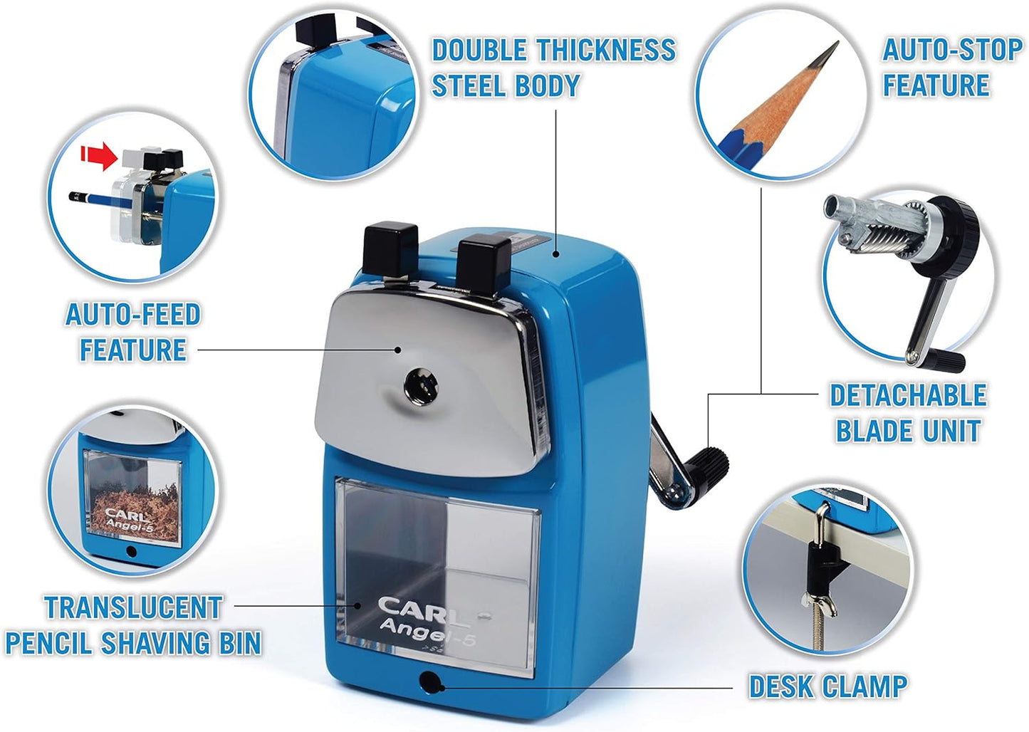 Carl Angel-5 (Black) Heavy-Duty Artist & Teacher Pencil Sharpener – Precision Manual Crank with Auto-Stop, Colored Pencil Compatible, Quiet Operation, Durable Japanese Design.