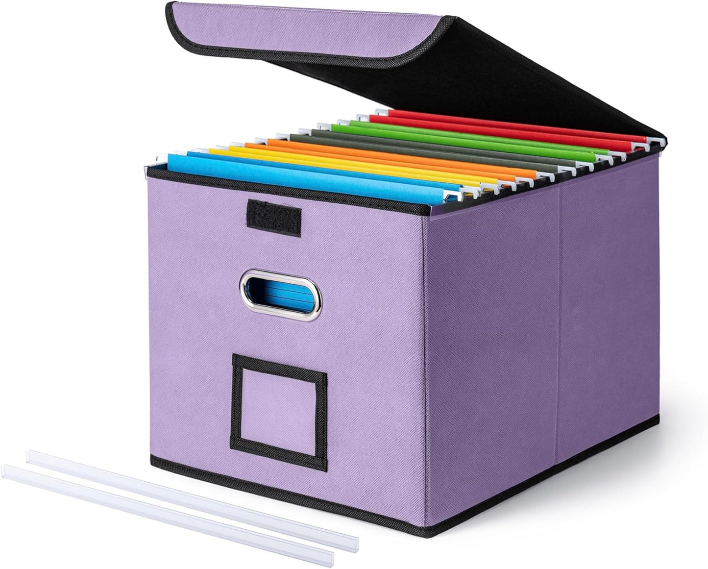 CADONO File Organizer Box with Lid, Large Hanging File Folder Organizer with Plastic Slide, Collapsible Portable Filing Storage Boxes for Office/Decor/Home (Black, 14.9 x 12.59 x 10.8 inch)
