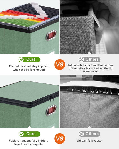 Oterri 2 Pack File Organizer Boxes with Lids, File Box with Mesh Pockets, Document Organizer Box for File Folders Letter Size, Zippers Filing Box for Home, Office, School (Green, Without Folders)