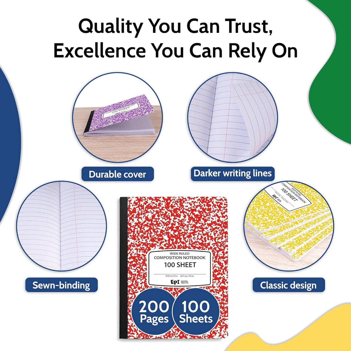 48 Pack - EPI Marble Hardcover Wide Ruled Composition Notebook | 200 Pages (100 Sheets), 9.75 x 7.5 in, Sturdy Sewn Binding | School, Office, Journaling, Notes