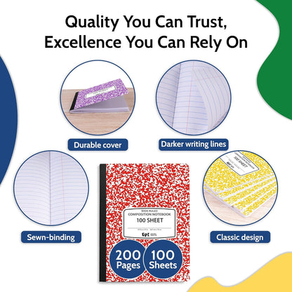 48 Pack - EPI Marble Hardcover Wide Ruled Composition Notebook | 200 Pages (100 Sheets), 9.75 x 7.5 in, Sturdy Sewn Binding | School, Office, Journaling, Notes