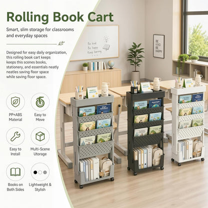 BYFU 6-Tier Movable Bookshelf Cart, Rolling File Storage Paper Organizer Mobile Bookcase with Wheels for Home Office Study Classroom, Black