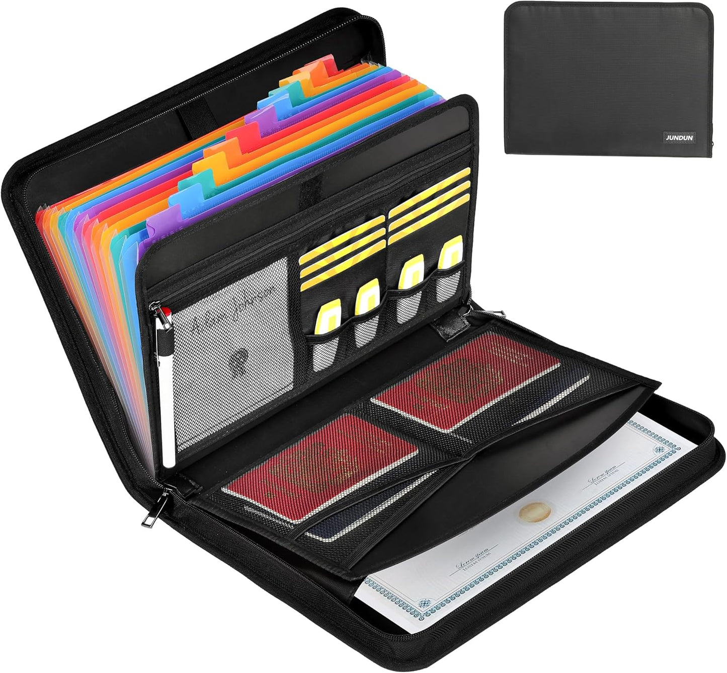 JUNDUN Accordion File Organizer - Fireproof Accordion Folder with Zipper & Labels - 13 Pocket Expanding File Folder with Multi-Pockets Document Organizer Folder for Letter A4 Files | Receipt and More