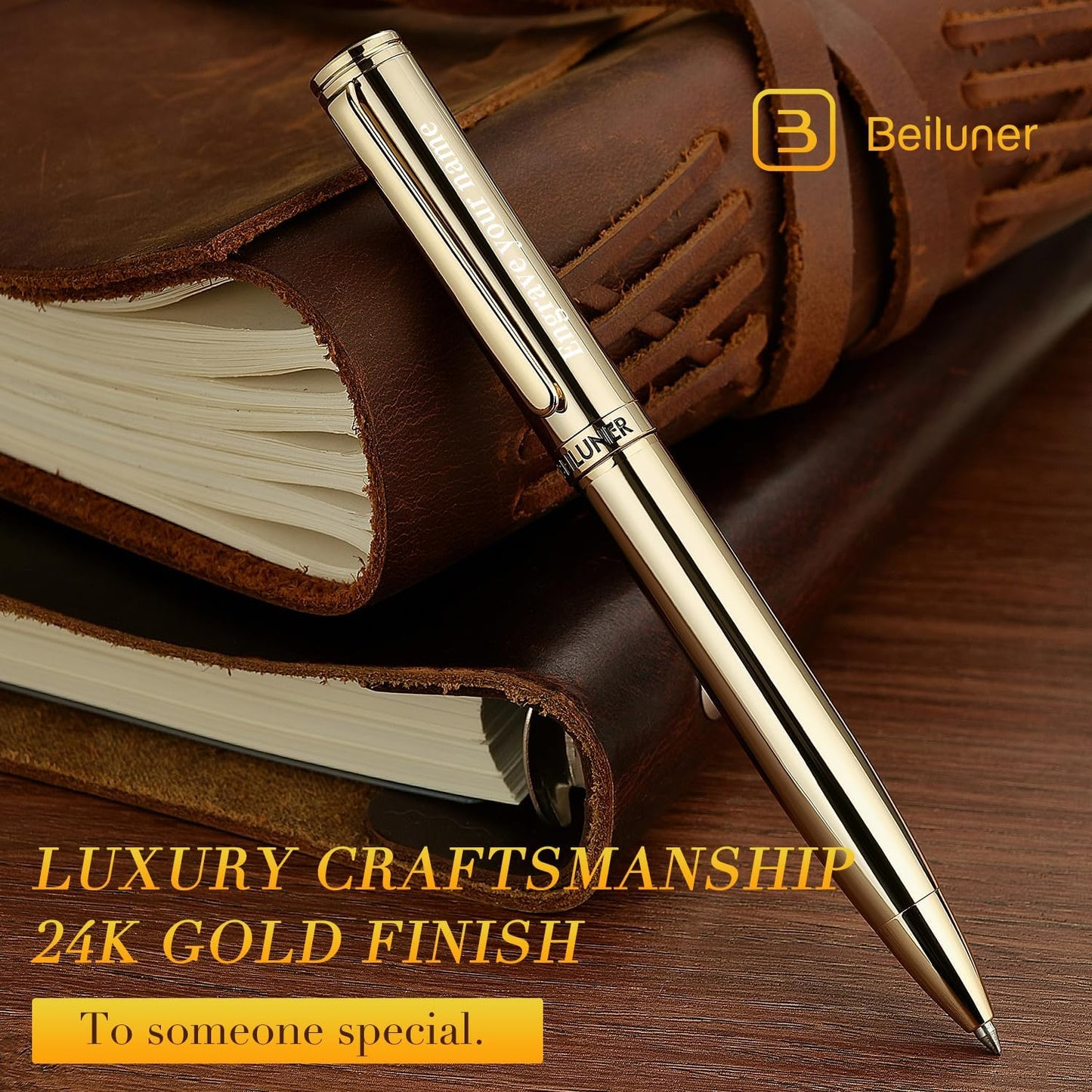 BEILUNER Luxury Gel Pen with 24K Gold Finish, Black Piano Lacquer, Luxury Grade Craftsmanship, Best Pen Gift Set for Men and Women, Professional, Executive, Office, Retractable Nice Pens