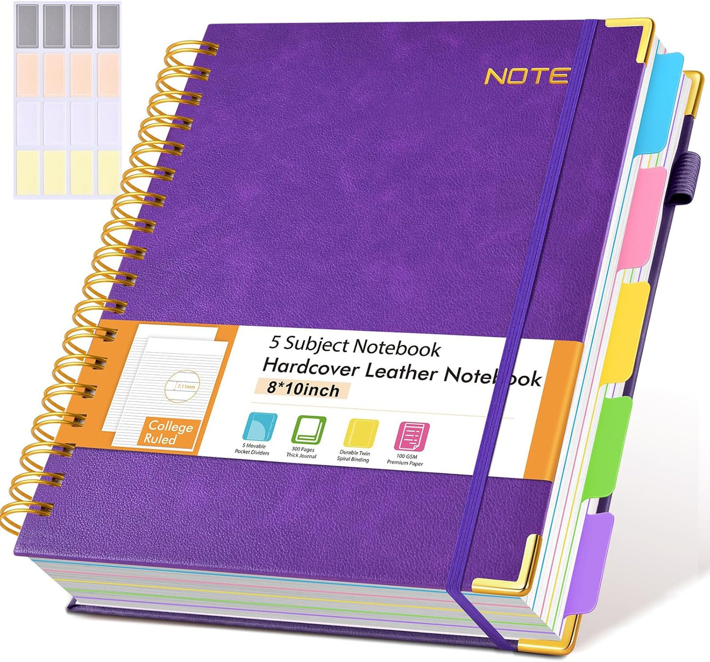 Hardcover Large Spiral Notebook 8.5" x 11" with Removable Dividers Tabs, 300 pages Leather 5 Subject Notebook College Ruled, A4 Journal for Women Men, Notebooks for Work School Note taking,Black