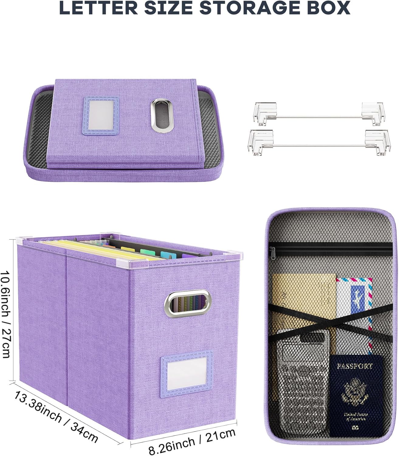 Oterri File Organizer Box with Lid, Hanging Filing File Box with Mesh Pocket, Document Organizer Box for Letter Files, Portable Storage Box with Smooth Sliding Rail for Office&Home (1 PCS, Beige)