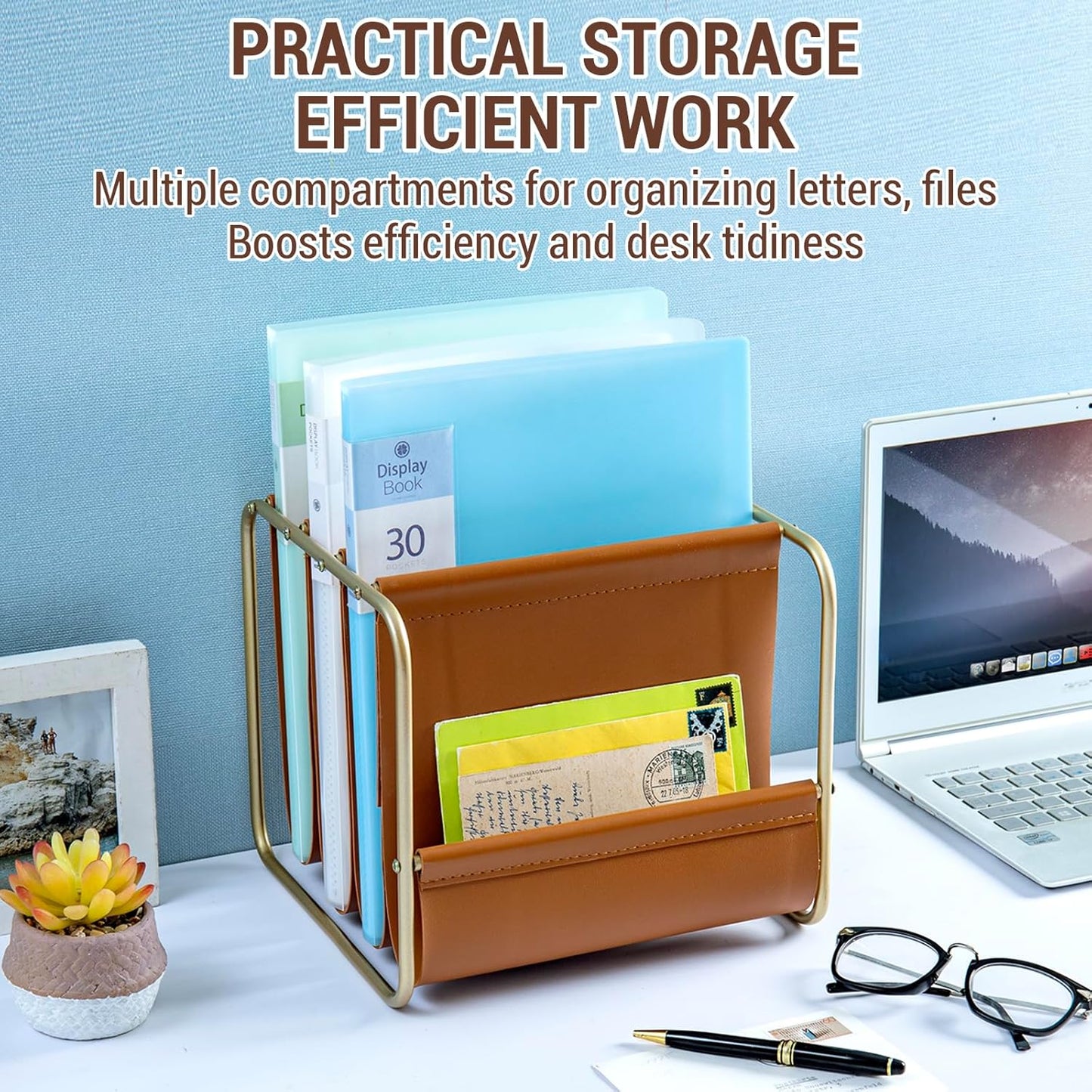 MyGift Modern Brass Tone Metal & Caramel Leatherette Desktop Folder Holder – Office Mail Sorter Organizer for Desk, Letters, Files, and Documents